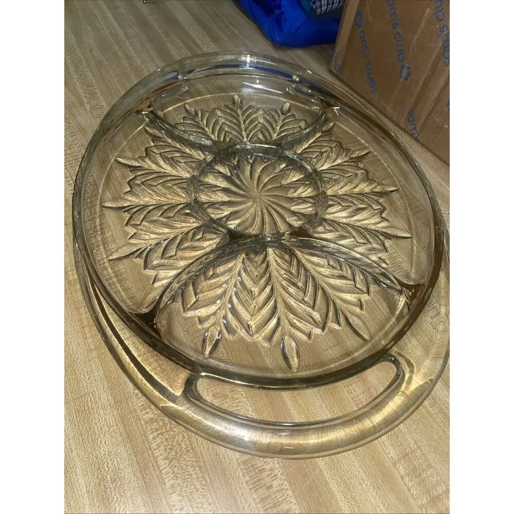 Jeanette Feather Gold Trim 5 Section Handled Relish Tray Clear Glass Platter